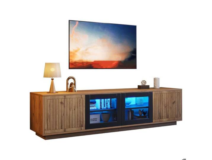 Meuble TV LED Lowboard Moderne avec Porte en Verre Trempé Lowboard Design à Texture Sculptée - Style campagne naturel 180x40x45 cm