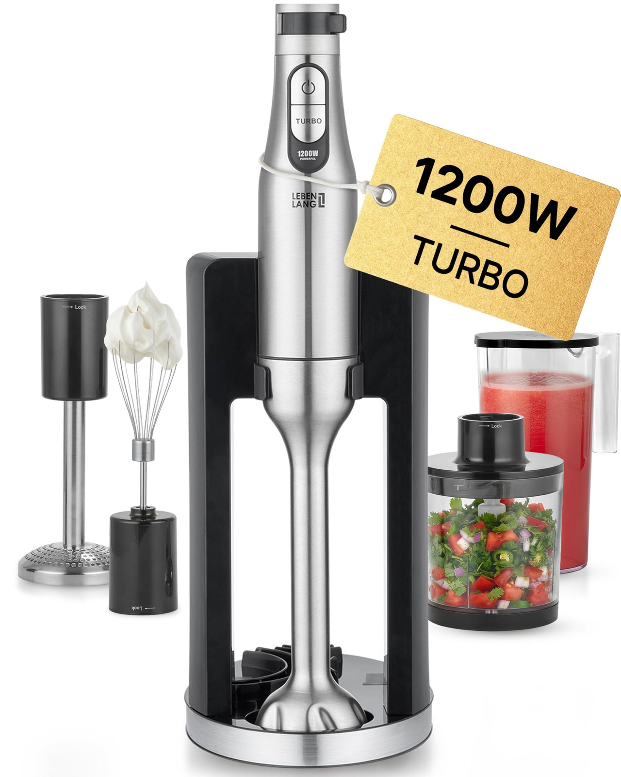 LEBENLANG Premium staafmixer set 1200W met 5 accessoires en spatbeschermer