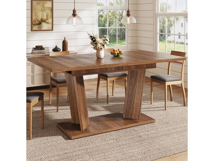Table à manger extensible -table d'aspect bois massif-base stable- pieds antidérapants réglables-noyer-120-160x80x76cm