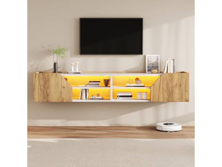 Ropilly TV-Schrank hängend 180 cm breit, MDF, mit LED fürs Wohnzimmer Sechs Fächer, Soft-Close-Türen und Bluetooth-RGB-Licht per App für geordnete TV-Abende mit Fernsehern bis 75 Zoll