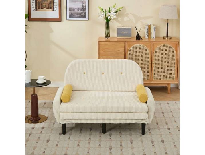Couleur d'ivoire Cord-Loveseat-Canapé pour le salon en tant que lit et chaise longue avec espace de rangement.