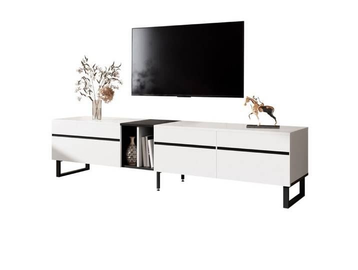 Meuble TV Moderne Lowboard 180 cm en Blanc avec Compartiment Rabattable Compartiments Ouverts et Doubles Portes-Banc TV pour Salon