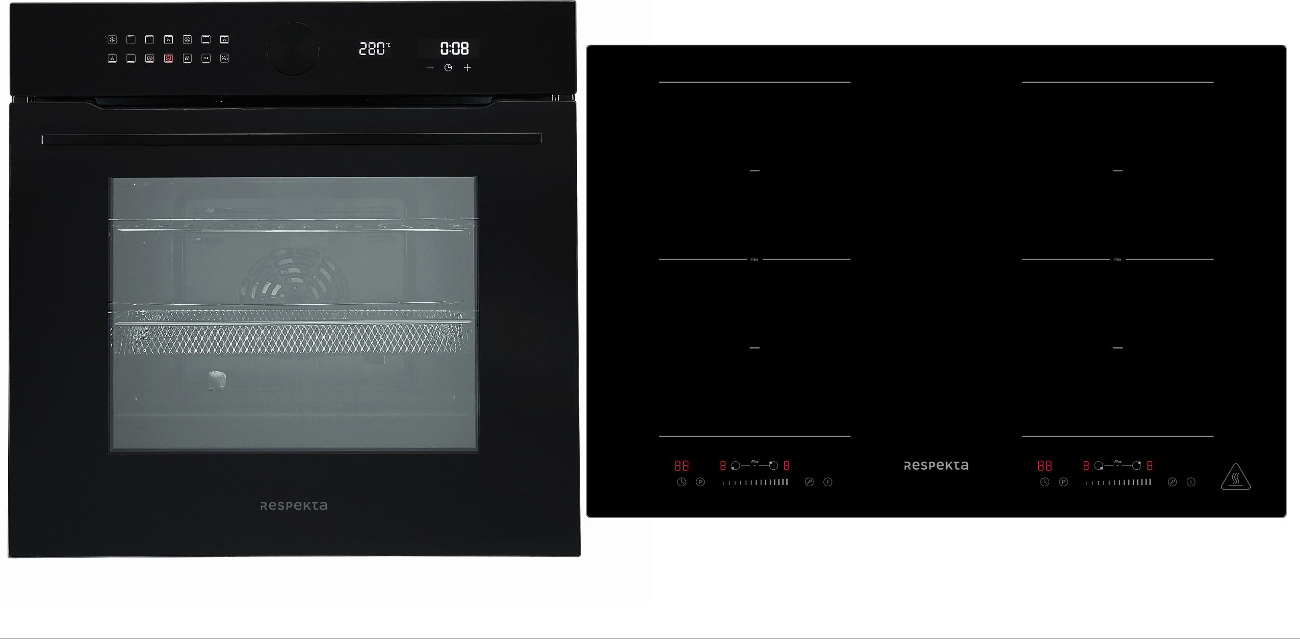 Backofen Herd Kochfeld Schwarz Induktion 77cm Set Autark Timer Pyrolyse Respekta