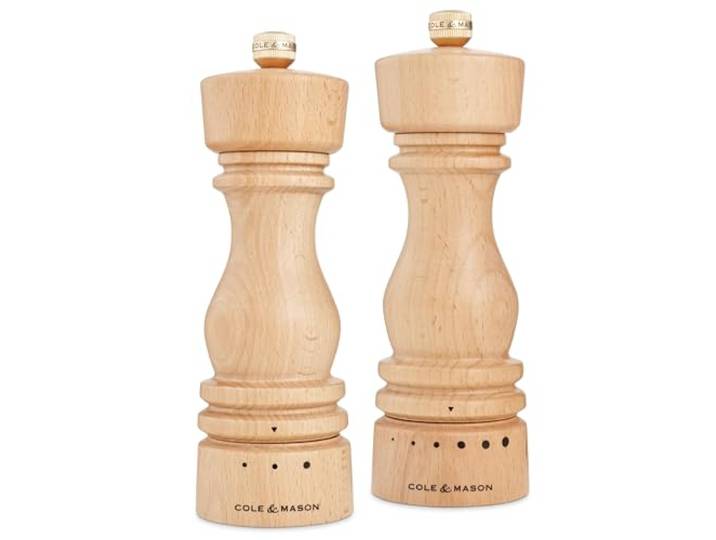 Cole & Mason London Salz und Pfeffermühle Holz Set 18 cm, Mahlgrad-Auswahl Precision+ Karbonstahl-Mahlwerk mit verstellbarem Mahlgrad, Manuelle, natürliches Buchenholz, Lebenslange Mechanik-Garantie
