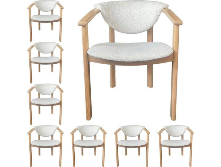 WFL Group Esszimmerstuhl Kalla 8er Set in Creme Bouclé, massives Buchenholz 58/60/74 cm, Holz, Echtholz, 58x72x47 cm, Esszimmer, Stühle