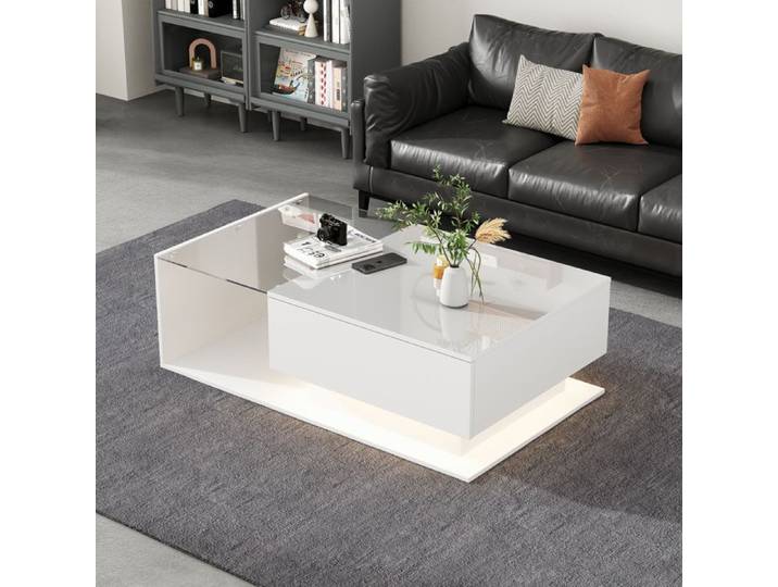 Nouveau Premium sense highlight table basse blanche 100x50x32 cmΔ avec plateau en verre et tiroirs résistant aux rayures avec