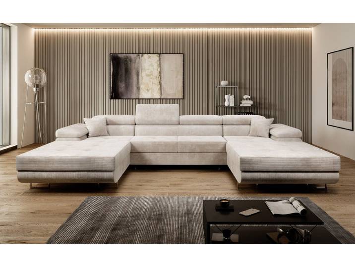 Designer Sofa Calvera U mit Schlaf- und Klappfunktion in Cord - Mauve - Cord - Luxusbetten24
