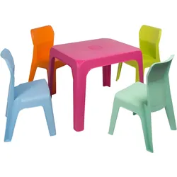Resol garbar JAN Kinderstuhl-Tisch Indoor, Outdoor Set 4+1 Himmelblau/Fuchsia/Orange/Limettengrün/Aquaminze
