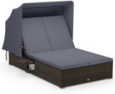 Costway Patio Double Chaise Lounge with Shade Cushions and Folding Side Trays-Gray