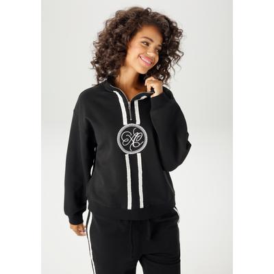 Sweatshirt ANISTON CASUAL, Damen, Gr. 42, schwarz-weiß (schwarz, weiß), angeraute Sweatware, Obermaterial: 80% Baumwolle, 20% Polyester, bestickt, kontrastfarbene Details, lässig geschnitten hüftlang, Rippbündchen, Sweatshirts Sweatshirt, aufwändig...