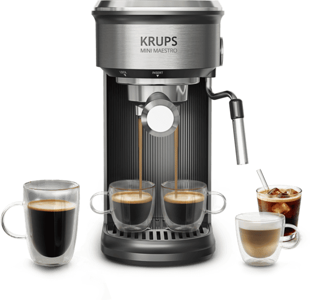 Cafetera express - Krups Mini Maestro XP350D, Ultra compacta, 20 bar, Espumador de leche, 6 recetas calientes y frías, Panel digital, 1350 W, Inox