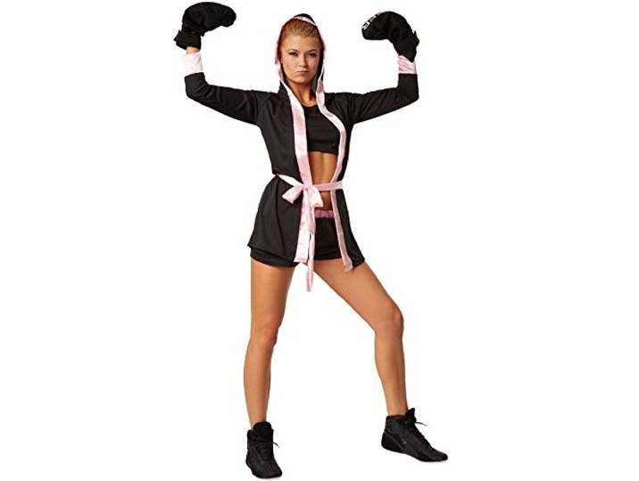 dressforfun 900377 Dameskostuum Boxerkostuum met short, top, mantel met capuchon, riem en bokshandschoenen (XL Roze nr. 301827)