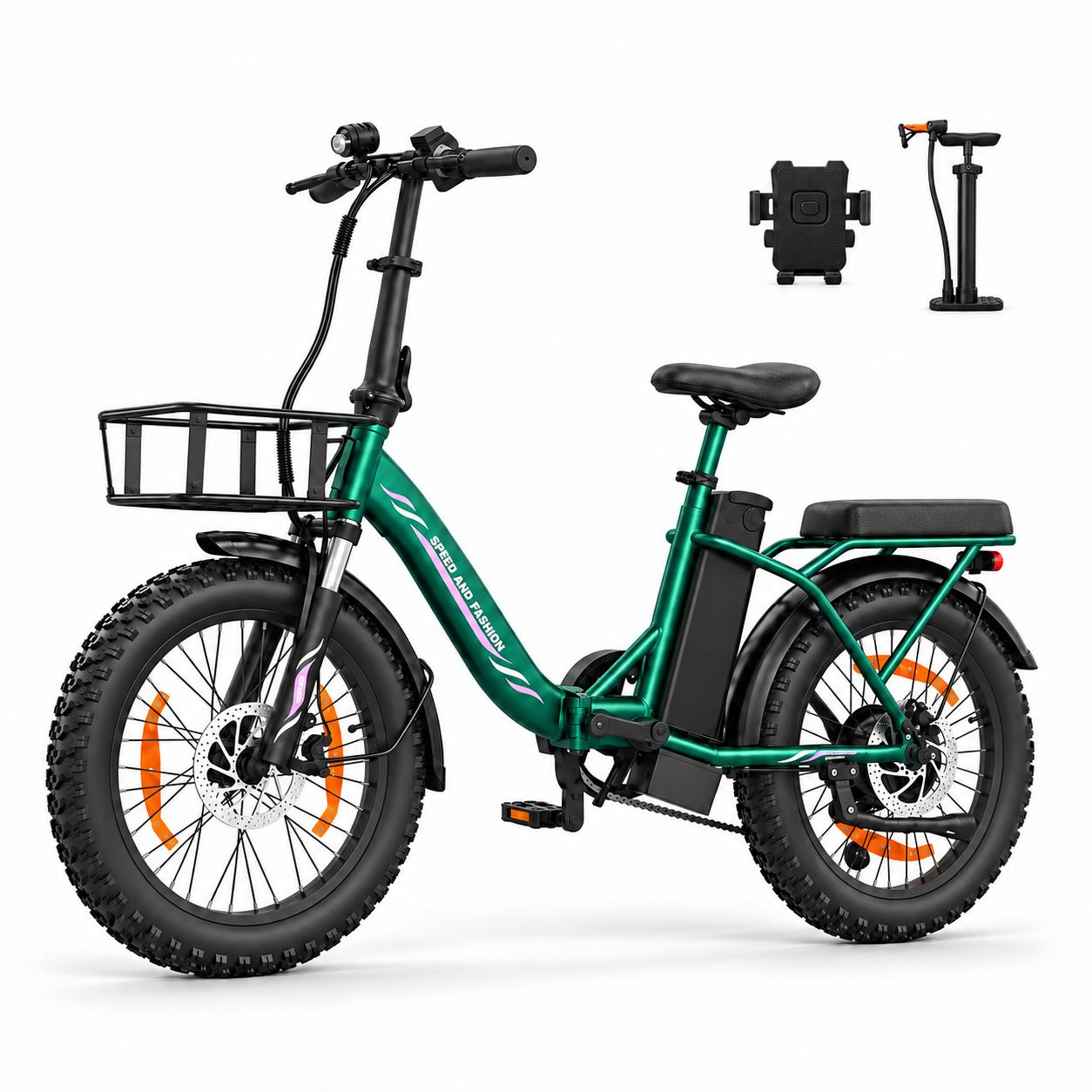 Runetic Ebike, Foldable e-bikes, 250W Motor, 36V 13Ah herausnehmbarer Akku, bis zu 80 km Reichweite, 25 km/h, 20" x 3,0" Breitreifen, Grün
