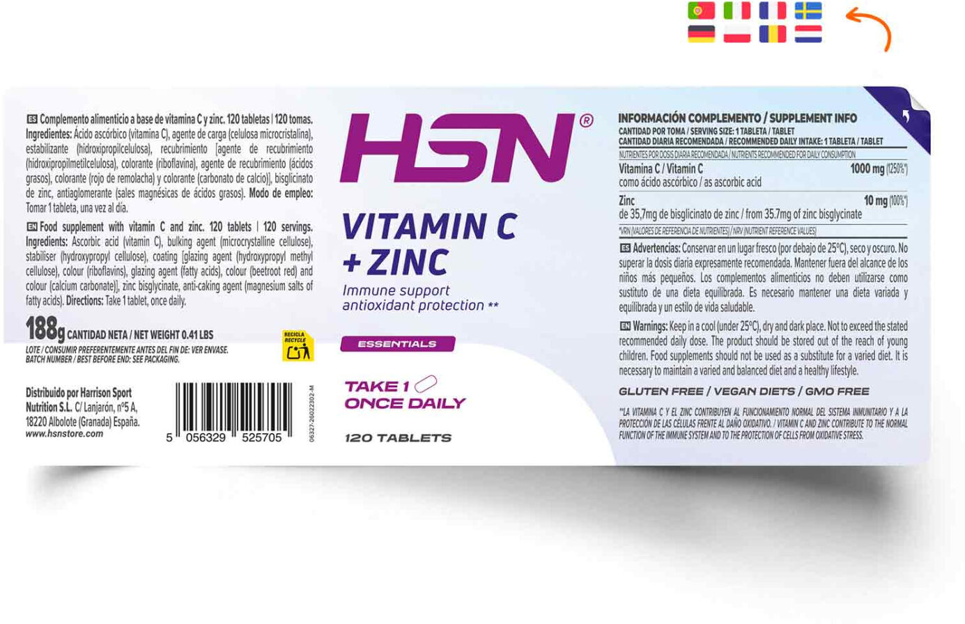 HSN Vitamina C 1000mg + zinc 10mg - 120 tabs - Sistema Inmune - Tabletas - 120  Servicios