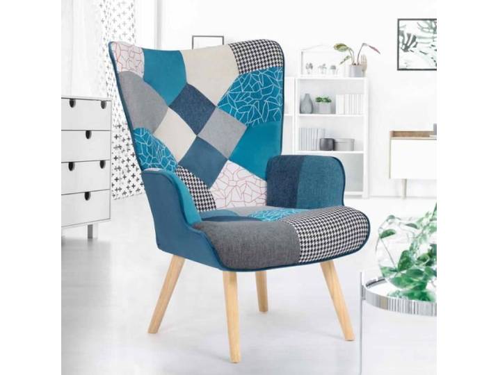 IDMARKET Fauteuil scandinave IVAR en tissu patchwork et velours bleu