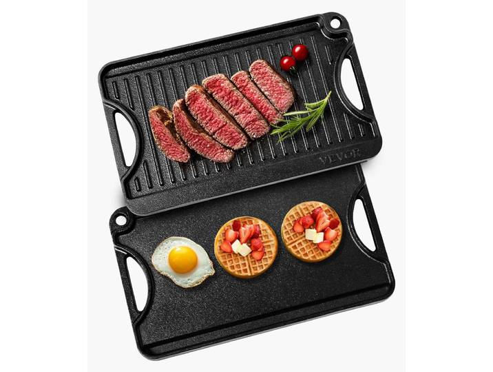 VEVOR Poêle à frire réversible en fonte (185 x 342 mm)\, Ustensiles de cuisine familiaux pour fourneaux intérieurs et extérieurs\, Noir