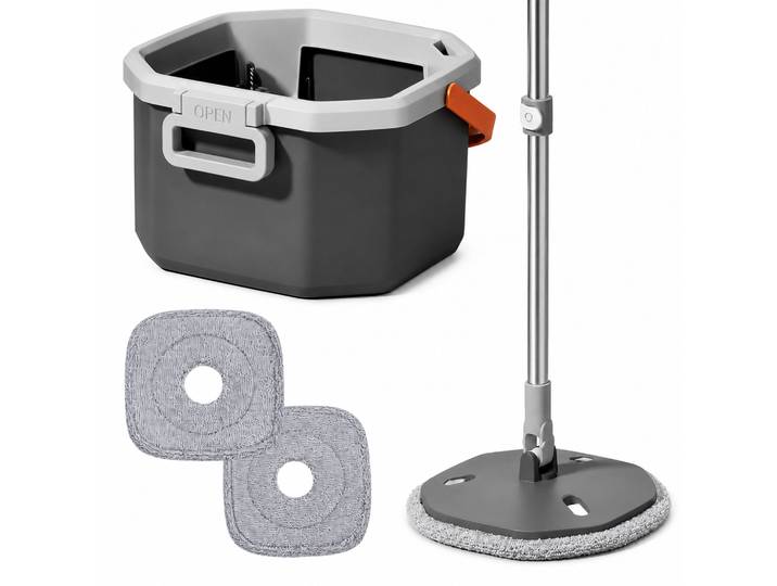 Relaxdays Serpillère\, Seau 6 L\, Réservoir Eau Propre\, H X L X P : 20 X 34 X 33 Cm\, 2 Têtes Microfibre\, Pour Coins\, Gris