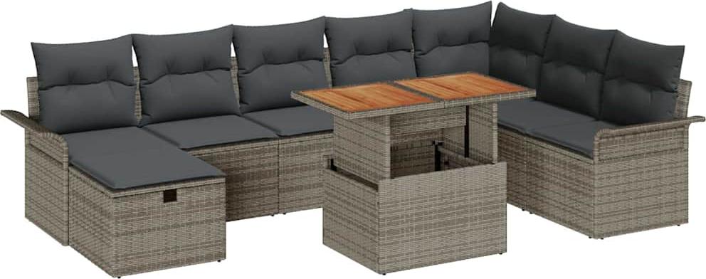 Gartenmöbel-Set, modernes Outdoor-Sofa-Set, 9-teilig, wetterfestes Poly-Rattan & Akazienholz, 8 Sitzplätze, Grau