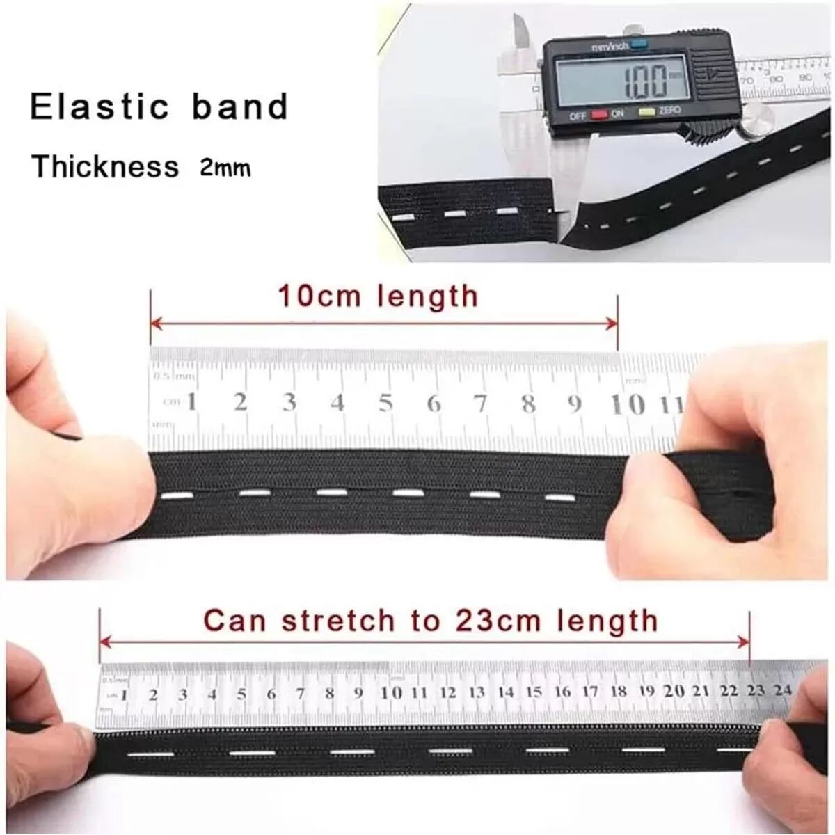 INF Verdicktes Knopfloch-Gummiband - 30 Meter Verstellbarer elastischer Bund zum Nähen Schwarz 2 m