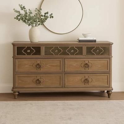 Benjara Lyla 7 Drawer Wide Dresser, Rustic Oak Solid Wood, Antique Mirror Panels