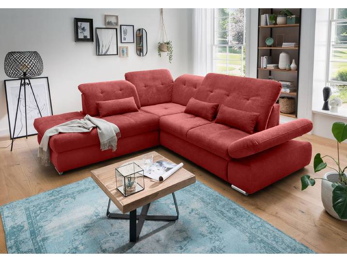 Ecksofa mit Ottomane & Funktion Rot Webstoff Jimin 280 x 86 x 254cm Ottomane davorstehend links mit Schlaffunktion Modern