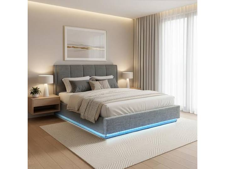 [en.casa] Polsterbett 160x200 cm Tröstiar Leinen Anthrazit Doppelbett mit LED-Beleuchtung, Bettgestell 160x200, Stauraum, Gepolstertes Kopfteil, Bettkasten, aufklappbarer Lattenrost