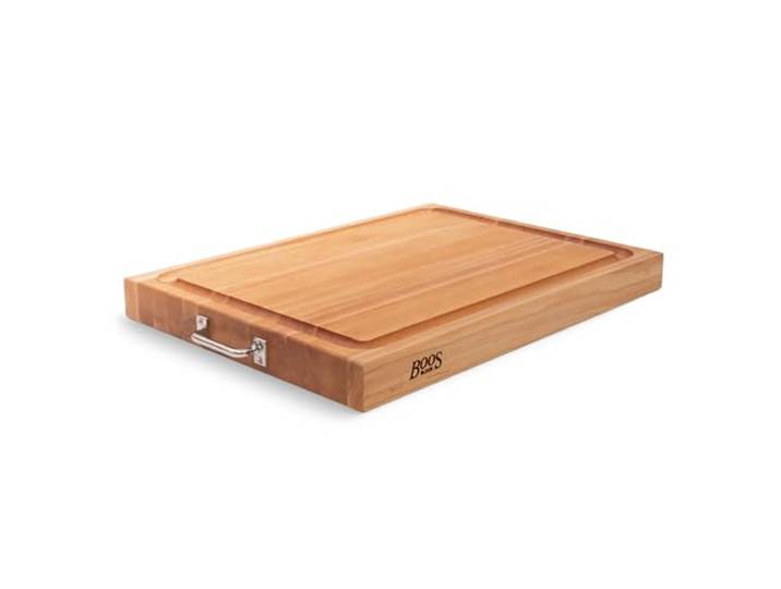 Boos Block BBQ Schneidebrett mit Edelstahlgriffen und Saftrille XXL – 61 x 46 x 6 cm – Schneidebrett Holz mit Griff – Ahornbrett groß – Hackbrett – Fleischbrett – Profi-Brett