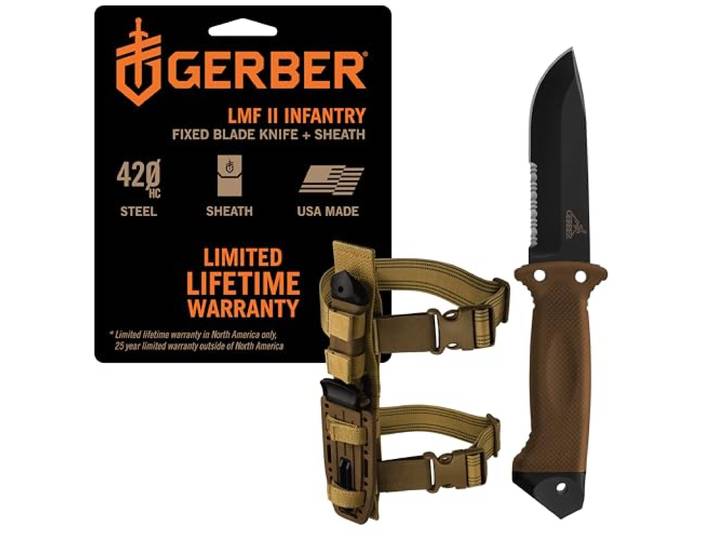 Gerber Survival-Messer mit Teilwellenschliff und Bein-Holster, LMF II Infantry, Klingenlänge: 12,3 cm, 420HC Stahl, 22-01463, Braun