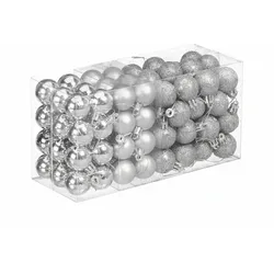 Relaxdays Weihnachtskugeln im 96er Set, glitzernde, matte & glänzende Baumkugeln, Weihnachtsbaumdeko, Kunststoff, silber