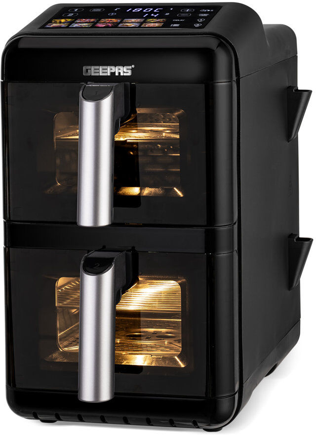 GEEPAS 2800W Dual Basket Stack Air Fryer   12L XXL Capacity 2x6L Twin Baskets   Space-Saving Vertical Design with Sync Cook for Both Baskets 10 Preset Black 12L