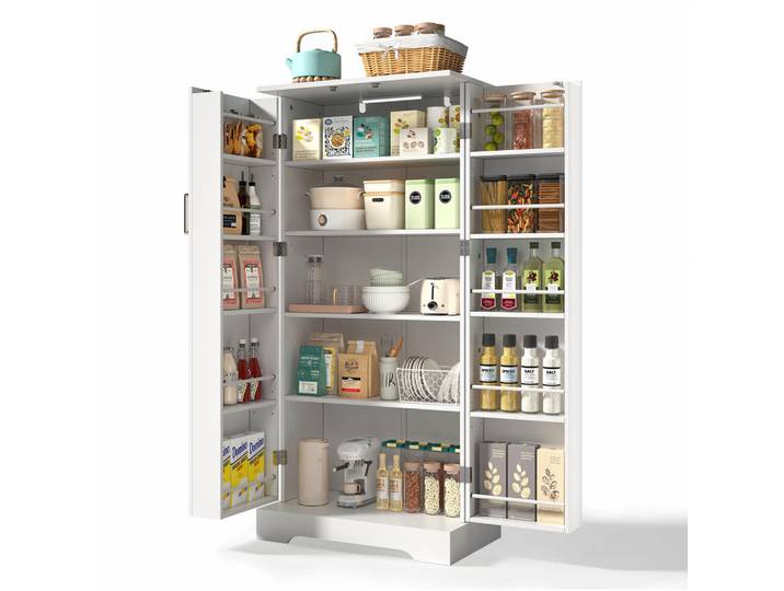 Modfu Buffet aus MDF 60x35x128 cm Weiß mit LED-Sensorleuchte, verstellbaren Ablagen und platzsparendem Stauraum, 60x128x35 cm, Esszimmer, Anrichten, Buffetschränke