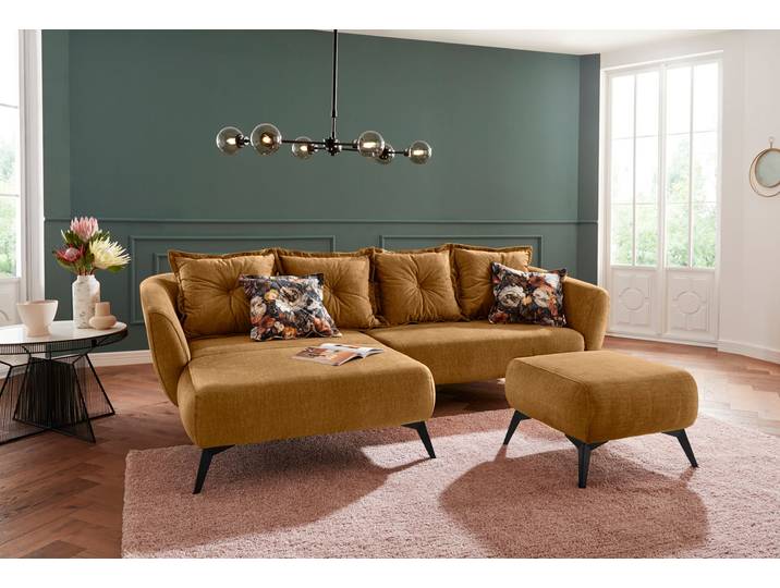 Ecksofa HOME AFFAIRE Baggio romantische Polsterecke, bequem, Breite 277 cm, L-Form , gelb, B:277cm H:80cm T:162cm, Sofas, Ecksofa, Zierkissen inklusive, schwarze Metallfüsse