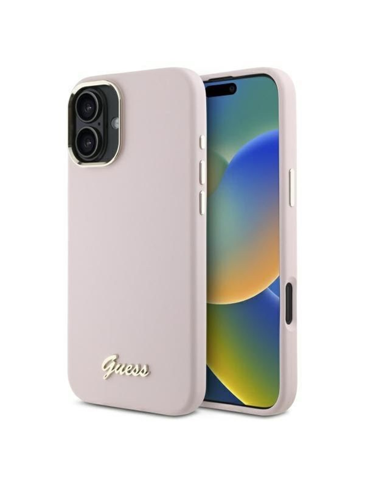 GUESS Silicone Script Metal Logo & Frame iPhone 16 Plus Case - Pink
