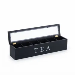 Relaxdays Teebox, 6 Fächern, Bambus, H x B x T: 9 x 43,5 x 9 cm, für Tee & Kaffeepads, Teebehälter mit Deckel, schwarz