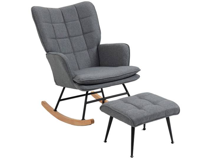 Oxeza Schaukelstuhl Grau mit Hocker, Leinenoptik, Mode, 89x90x64 cm, Wohnzimmer, Sessel, Schaukelstühle