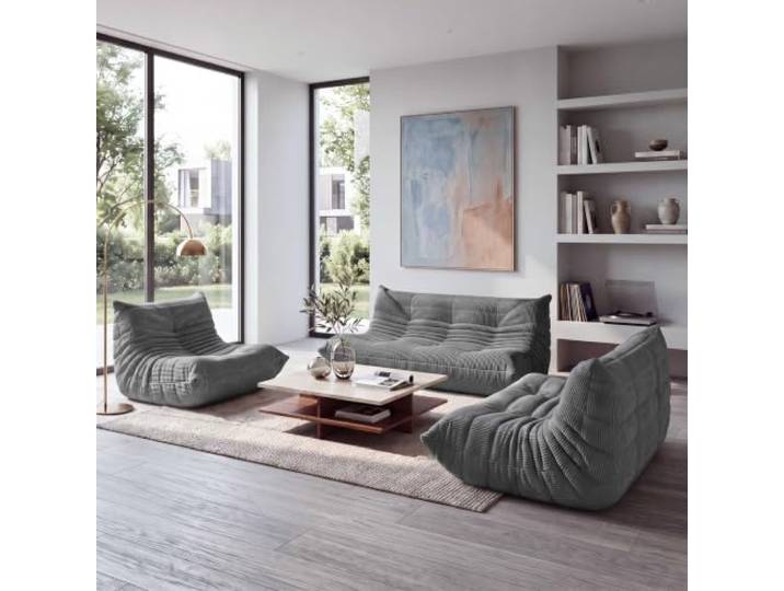 Mendler Sofa-Garnitur HWC-R34, 3-/2-Sitzer Sessel Stoff Cord (300g/m²) - dunkelgrau