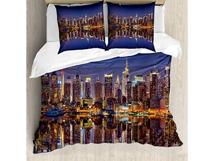 ABAKUHAUS Stadt Bettbezugs Set Für Doppelbetten, New York City USA, Weicher Microfaserstoff Allegigeignet kein Verblassen,Dunkelblau Grau