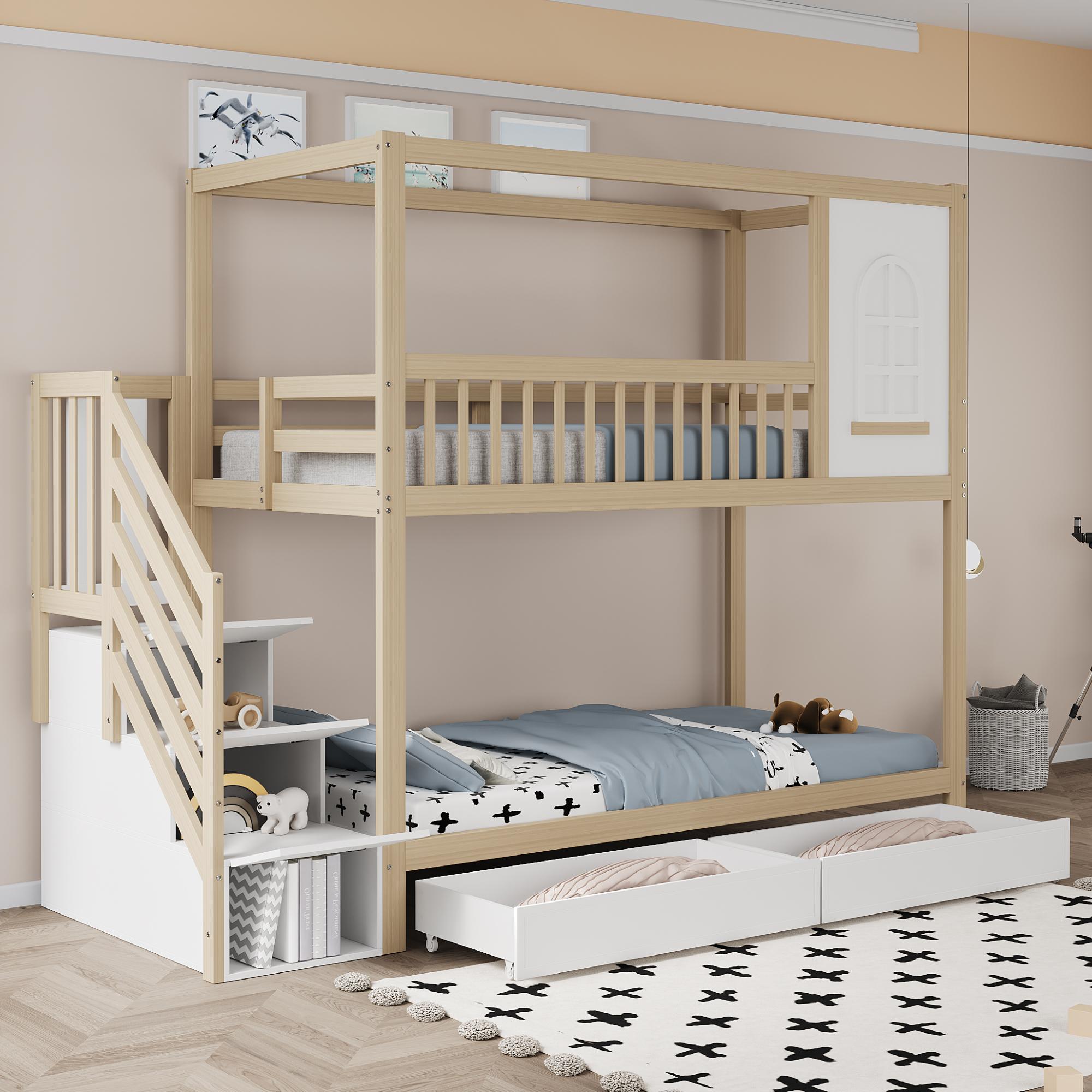 STILVORA Etagenbett 90x200 Stockbett mit Sicherheitszaun-Design,Jugend-Doppelbett mit Aufbewahrungsschubladen und Sicherheitsleiter,Naturbelassen(Ohne Matratze)