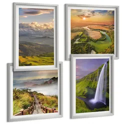 BILDER SET 4er Set - 50x50 cm & 40x60 cm Silberner Rahmen - Ausblicke auf Berge, Flüsse und Wasserfälle