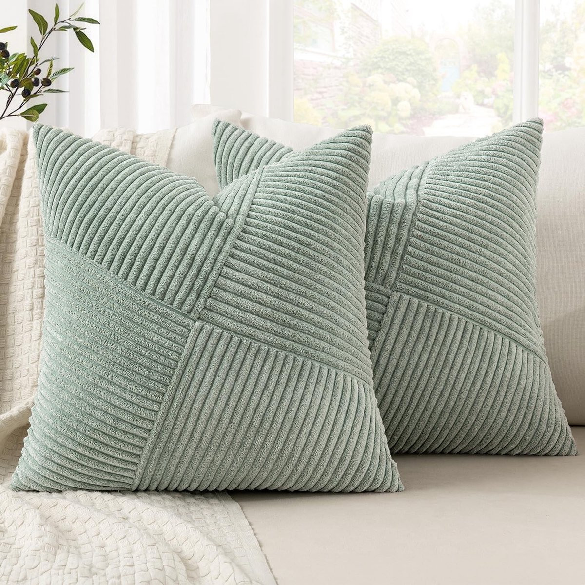 OmGoods Dailygoody Corduroy kussenslopen met verborgen ritssluiting - Grijs/groen - 40 x 40 cm