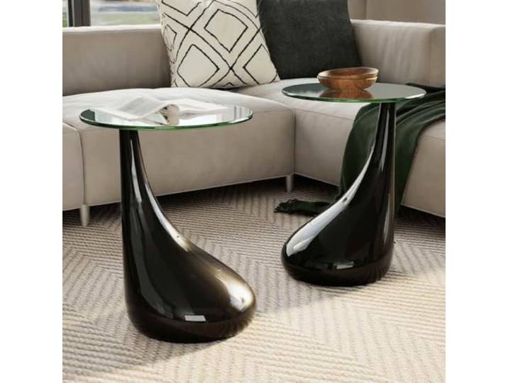 TEKGHUT Couchtisch Set 2 Stück mit Runder Glasplatte Hochglanz Schwarz Tropfenform Sockel, Hartglas, Wohnzimmer, Beistelltisch, modernes Design