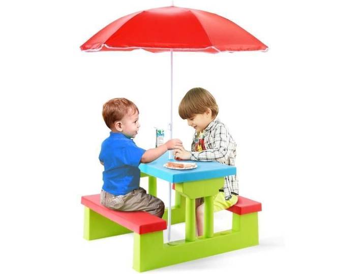 GOPLUS Table Pique-Nique Enfant avec Parasol Salon de Jardin en Bois Table Banc Enfant pour Terrasse Patio Balcon Rouge