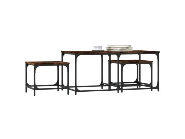 KTHLBRH Stapelbare Beistelltische 3 Stück Eiche Rauchholz mehrschichtig 3er Set Beistelltisch groß 100x50x45 cm, 2 kleine 39x39x34 cm, Metallgestell, stapelbares Design