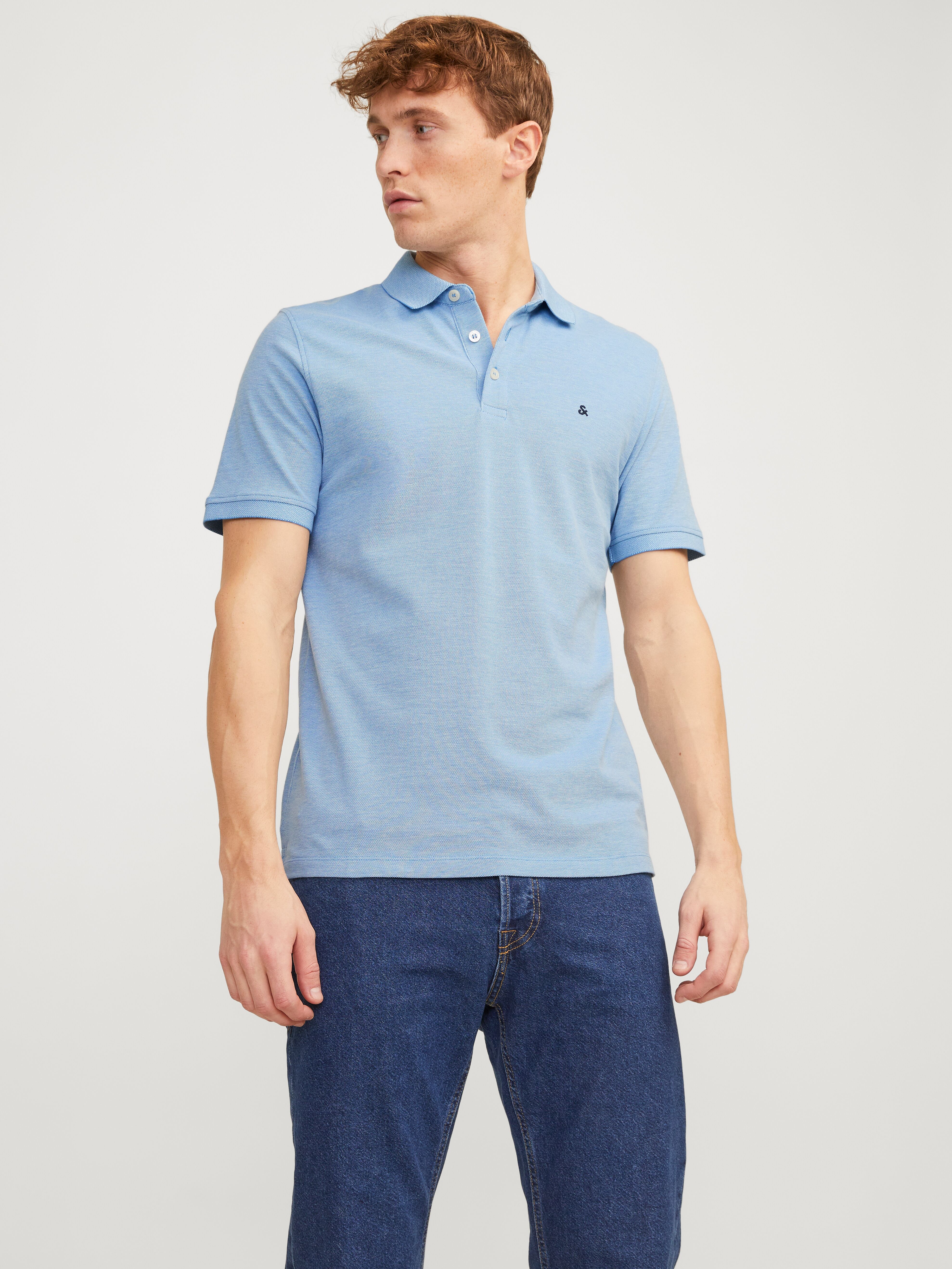 Poloshirt JACK & JONES "JJEPAULOS Poloshirt mit klassischem Kragen und figurbetonter Form", Herren, Gr. XS, blau (pacific coast), Piqué, Obermaterial: 100% Baumwolle, unifarben mit Farbeinsatz, schmal normal, Rundhals, Shirts Poloshirt, Logostickerei, mod