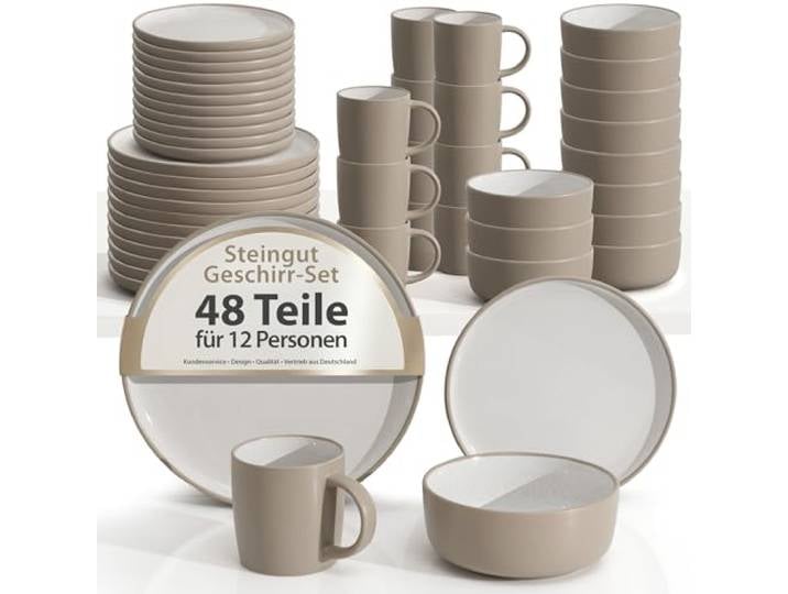 Hausfelder Steingut Geschirrset 48-teilig, 12 Personen, Nordic Sand 48-teiliges Tafelservice aus Steingut, Schüsseln & Teller, für 12 Personen