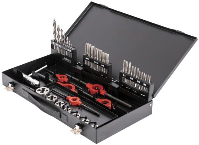 Kit de filetage STIER avec jeu de tarauds 45 pièces (M3-12), HSS-G, taraudeuse, assortiment tarauds, jeu de filetage (903685)