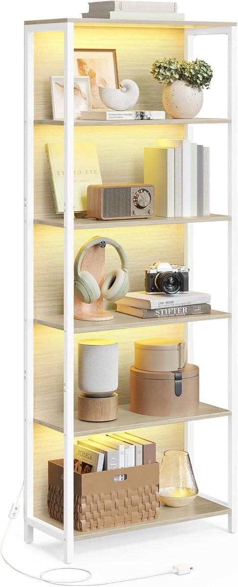 Boekenplank met LED-verlichting en 6 niveaus - Natuurlijk Beige - Hoogte: 178,5 cm