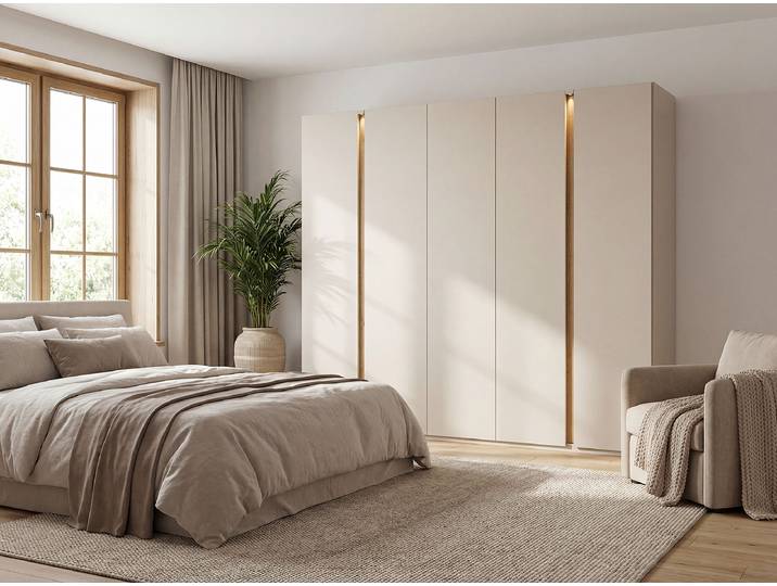 Drehtürenschrank Luana 251cm mit Beleuchtung Beige/Kaschmir/Eiche Dekor Premium