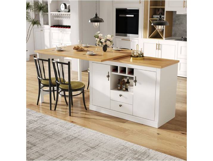 WOVREO Buffet bar extensible 120-180 cm rotatif 360° avec rangements MDF blanc et naturel
