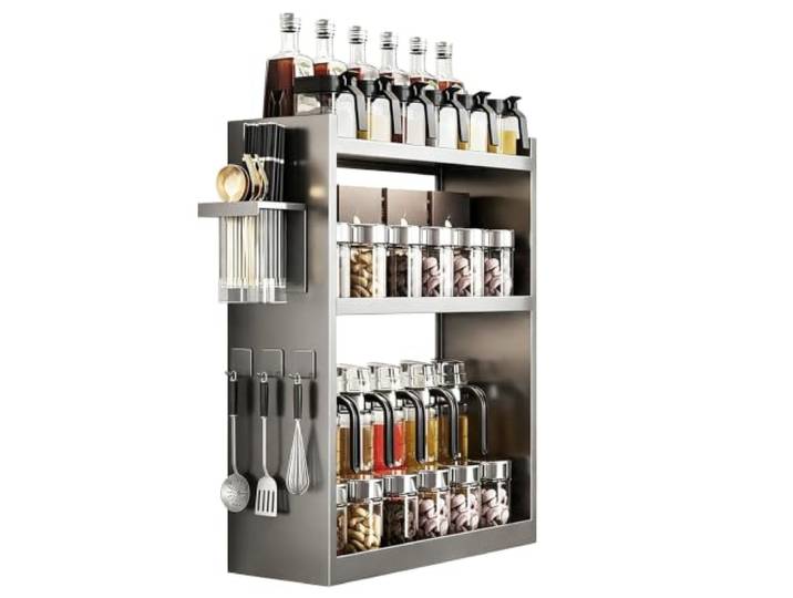 WUXTOKV Küchenhängeschränke, Edelstahl Badezimmer Hängeschrank, 3 Stufiger Wandschrank Badezimmer, Magnetische Haken, Schutzleiste, Rostbeständig, Wasserdicht, 15cm Tief, 48cm Hoch(40cm/16in)